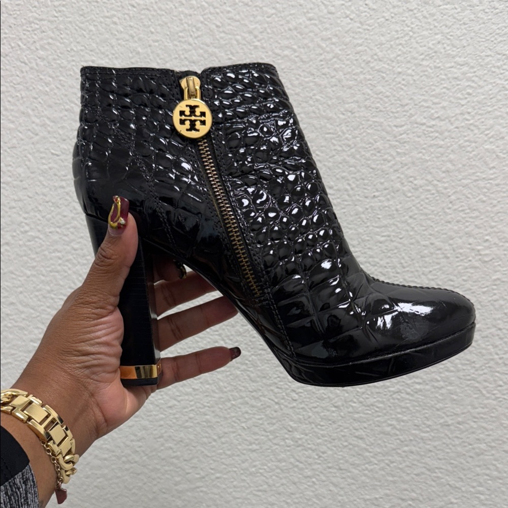 Tory Burch Learher Glossy Black Croc Heeled Boots with Gold Accents